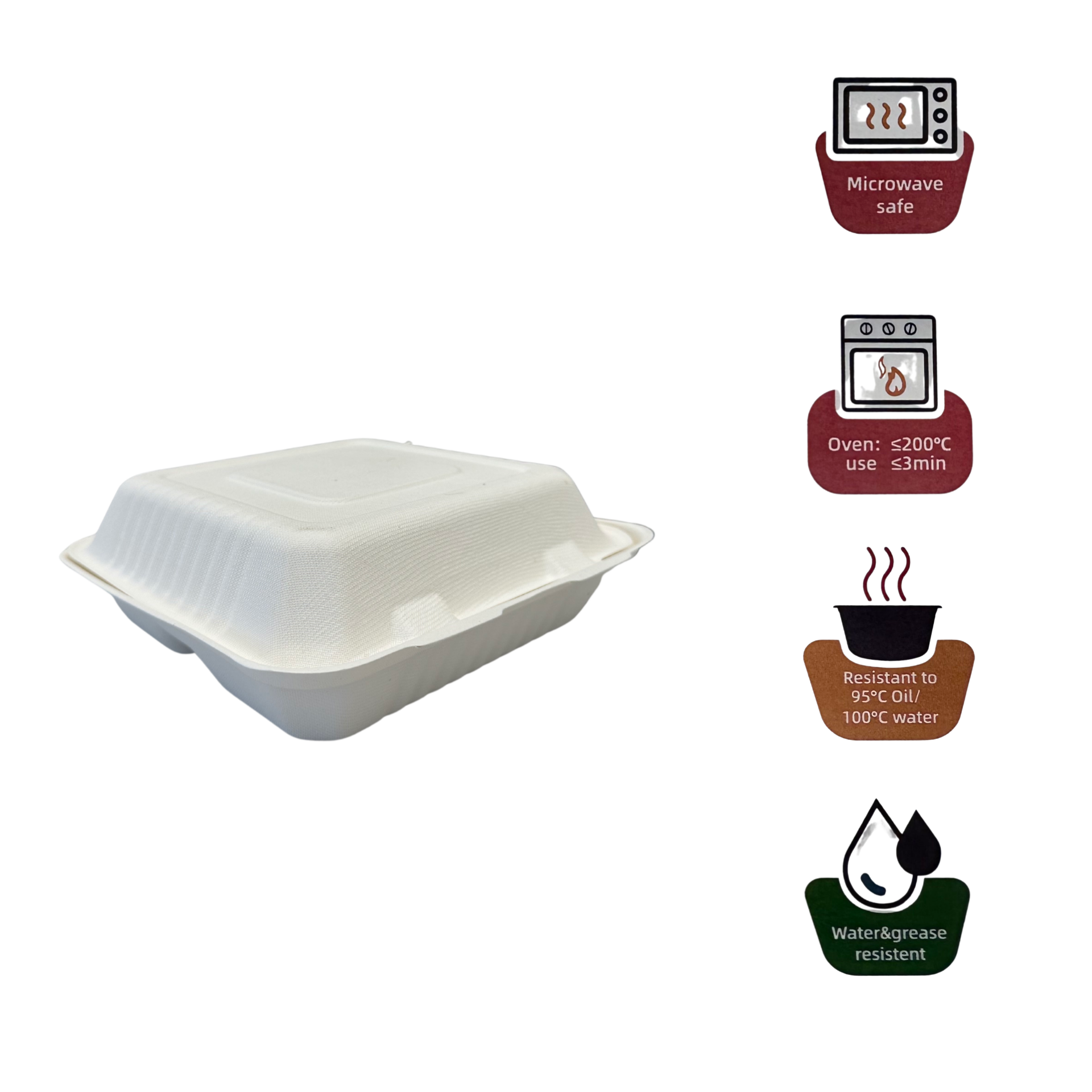 200 Pcs, 9x9x3'', 3-Compartment, Sugarcane Clamshell Food Container