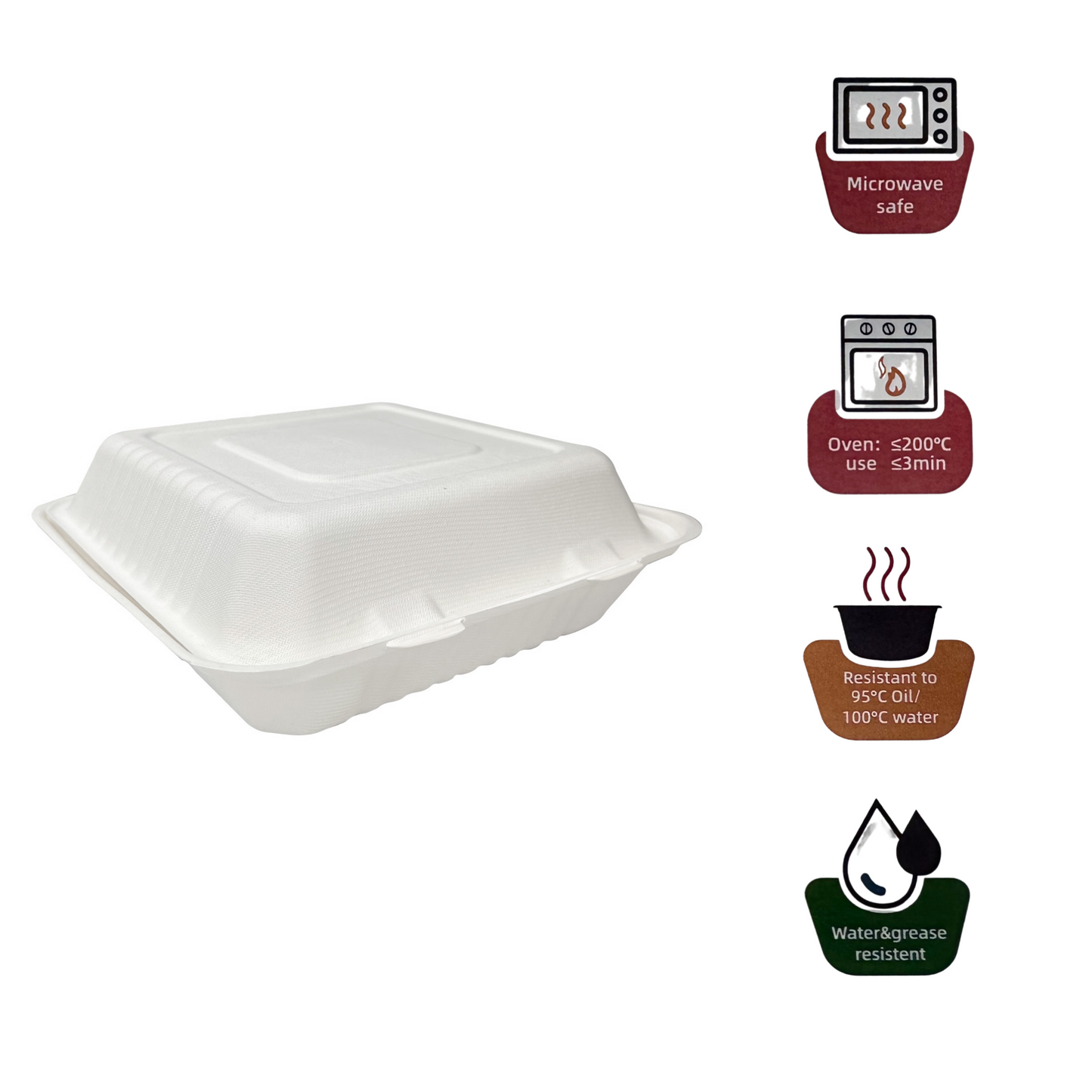 200 Pcs, 8x8x3'', 1-Compartment, Sugarcane Clamshell Food Container