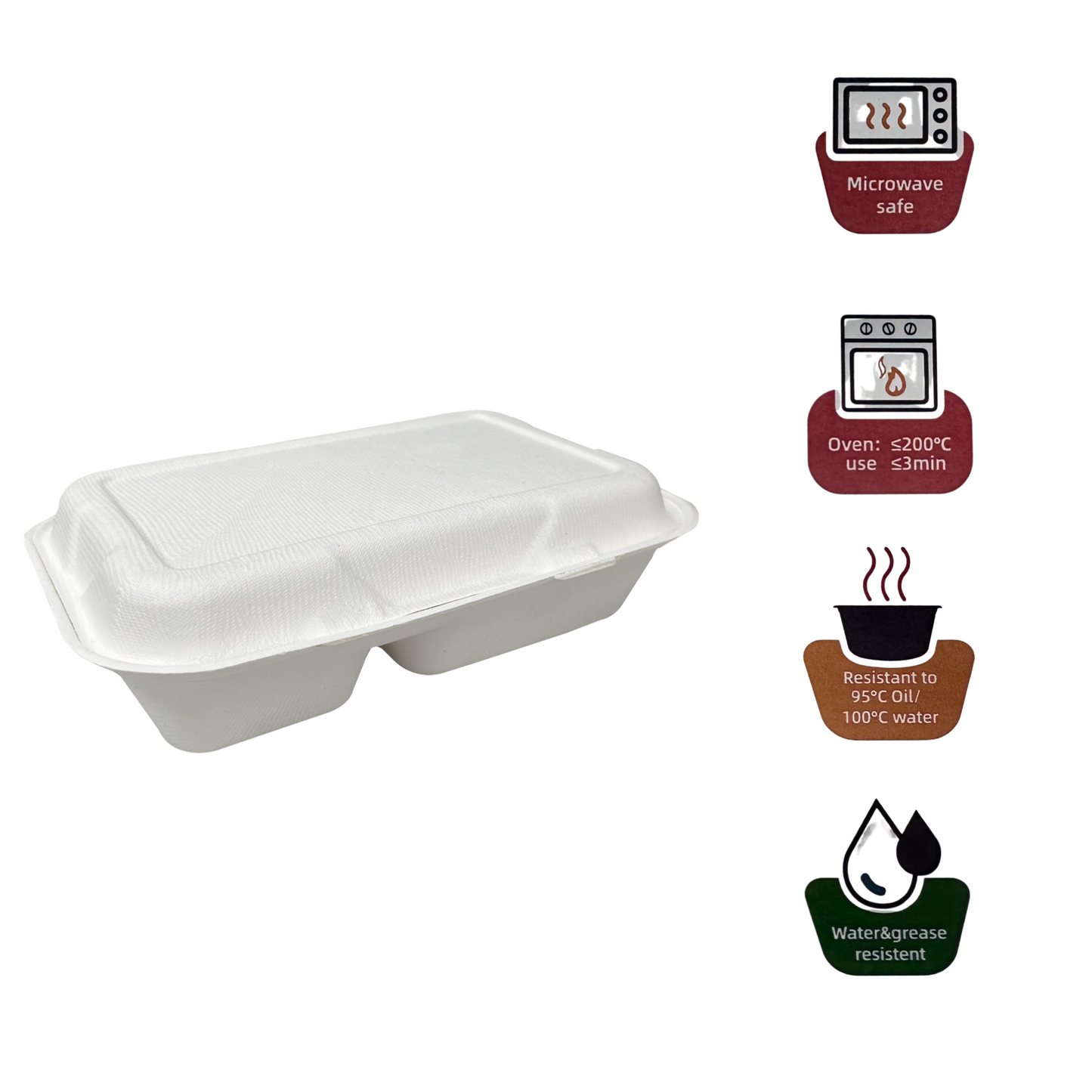 250 Pcs, 9x6x3'', 2-Compartment, Sugarcane Clamshell Food Container