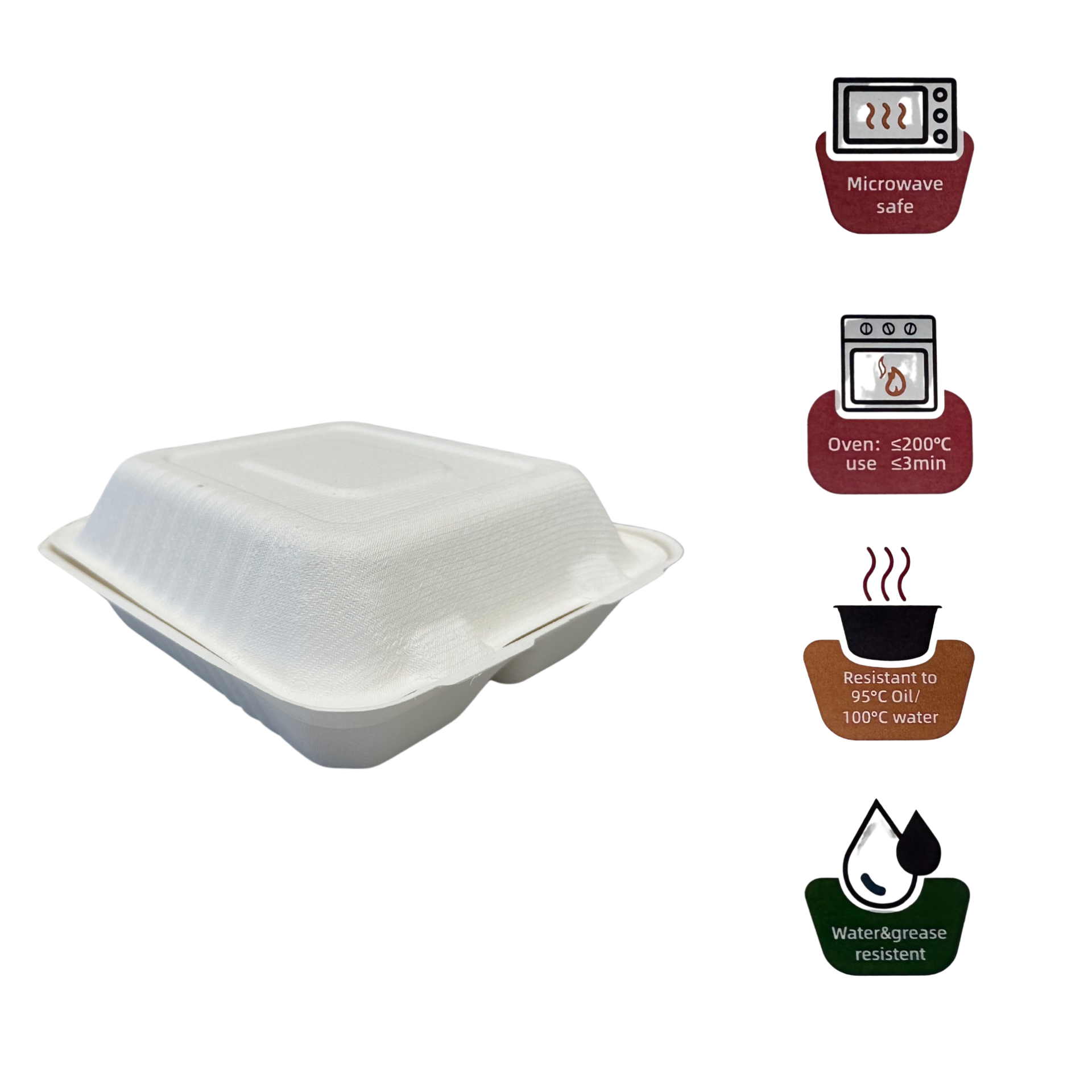 200 Pcs, 8x8x3'', 2-Compartment, Sugarcane Clamshell Food Container