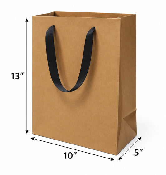 Euro Tote Kraft Paper Shopping Bag 10"x5"x13" with Black Grosgrain Ribbon Handles, 150 pcs/Case – SKU#5308