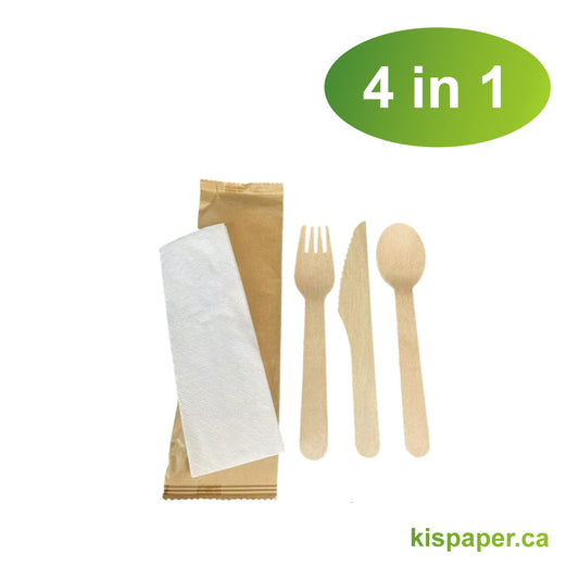 Cultery Set 4 in 1 - Wooden Fork/Wooden Knife/Wooden Spoon/Napkin - Carton of 500 - KIS PAPER - 1104; $0.110/pc