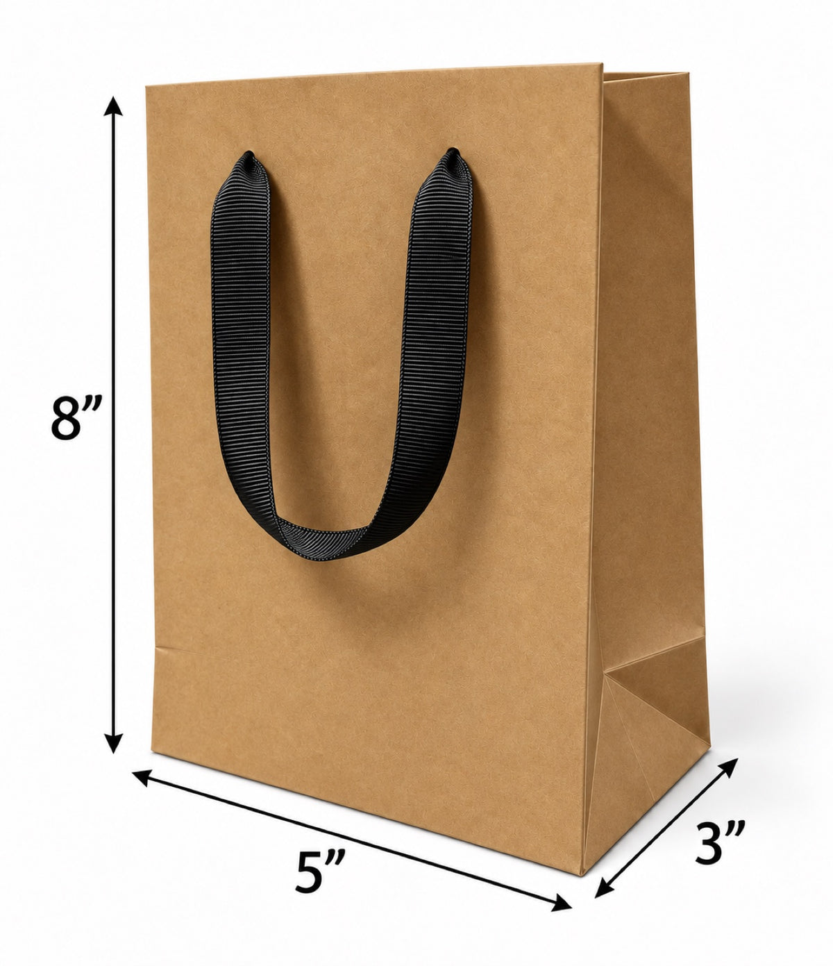 Euro Tote Kraft Paper Shopping Bag 5"x3"x8" with Black Ribbon Handles, 150 pcs/Case – SKU#6118