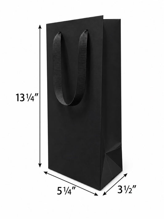 Euro Tote Laminated Black Paper Wine Bag 5.3"x3.25"x13" with Black Ribbon Handles, 150 pcs/Case – SKU#6265