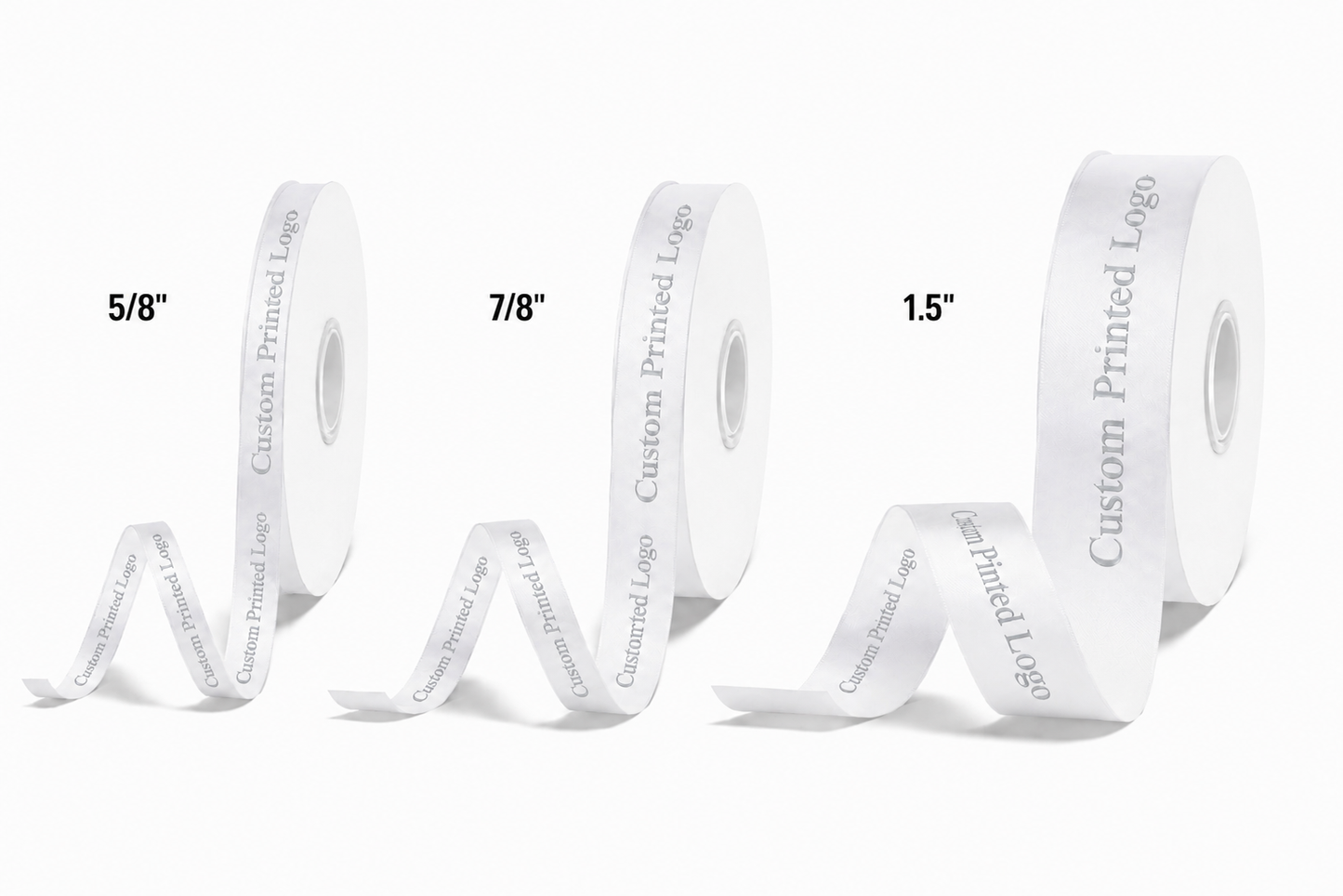 Custom Print White Solid Single-Face Satin Ribbon – 3 Sizes (⅝″, ⅞″, 1½″)