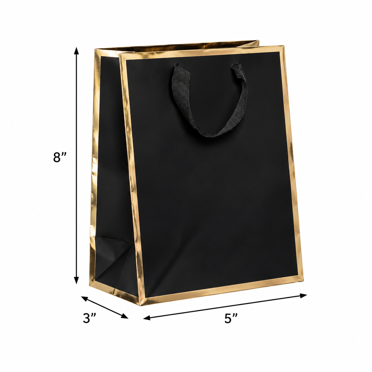 Queen West Gift Paper Bags Gold Foil Edge 5 x 3 x 8 in with Twill Ribbon Handles, 100pcs/case