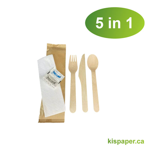 Cultery Set 5 in 1 - Wooden Fork/Wooden Knife/Wooden Spoon/Napkin/Salt&Pepper - Carton of 500 - KIS PAPER - 1105; $0.131/pc