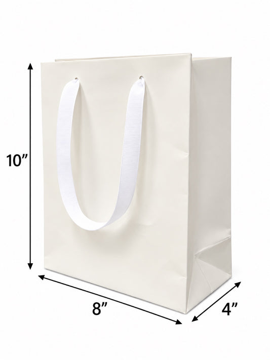 Euro Tote Laminated White Paper Shopping Bag 8"x4"x10" with White Grosgrain Ribbon Handles, 150 pcs/Case – SKU#6834