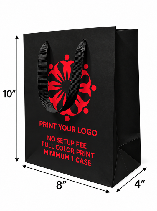 Custom Printed Euro Tote Laminated Cub Black Paper Bags (8.5″ × 4.75″ × 10.25″) with Ribbon Handles - SKU 6122