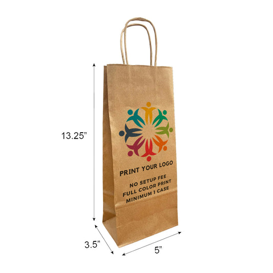 250pcs, Wine 5x3.5x13.25 inches Kraft Paper Bags Twist Handles; Full Color Custom Print, Printed in Canada