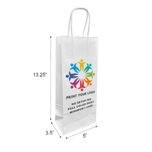 250pcs, Wine 5x3.5x13.25 inches White Paper Bags Twist Handles; Full Color Custom Print, Printed in Canada