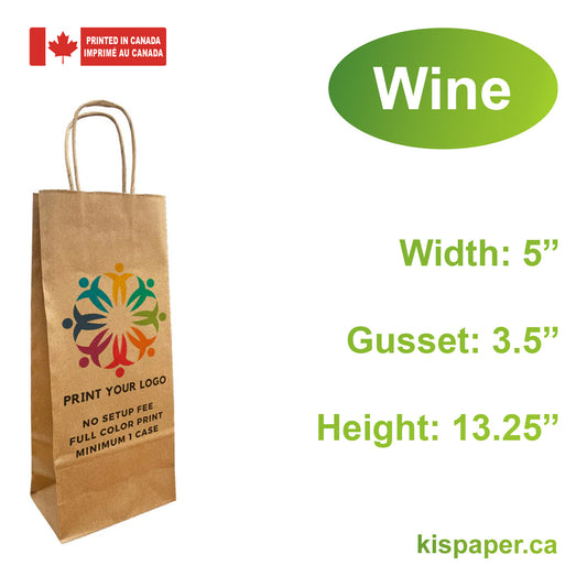 250pcs, Wine 5x3.5x13.25 inches Kraft Paper Bags Twist Handles; Full Color Custom Print, Printed in Canada