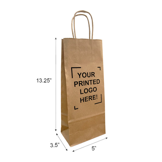 250 Pcs, Wine, 5x3.5x13.25 inches, Kraft Paper Bags, with Twisted Handle, Full Color Custom Print
