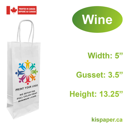 250pcs, Wine 5x3.5x13.25 inches White Paper Bags Twist Handles; Full Color Custom Print, Printed in Canada