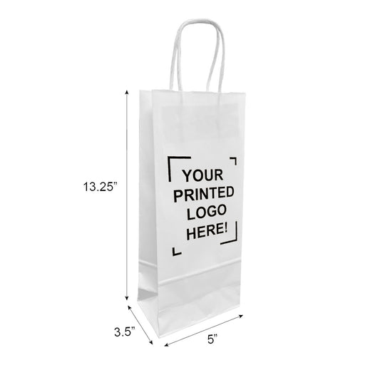 250 Pcs, Wine, 5x3.5x13.25 inches, White Kraft Paper Bags, with Twisted Handle, Full Color Custom Print
