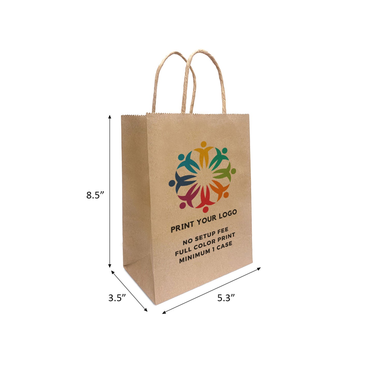 100pcs, Gem 5.3x3.5x8.5 inches Kraft Paper Bags Twist Handles; Full Color Custom Print, Printed in Canada