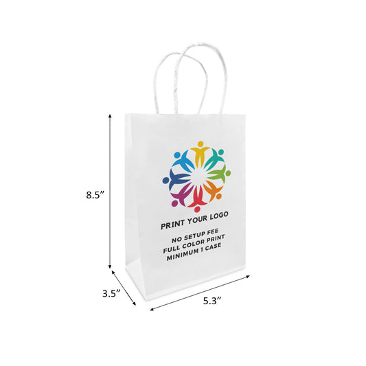 250pcs, Gem 5.3x3.5x8.5 inches White Paper Bags Twist Handles; Full Color Custom Print, Printed in Canada