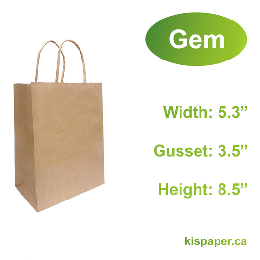 5358B | 250pcs Gem 5.3x3.5x8.5 inches Kraft Paper Bags Twisted Handles; C$0.25/pc, KISPAPER