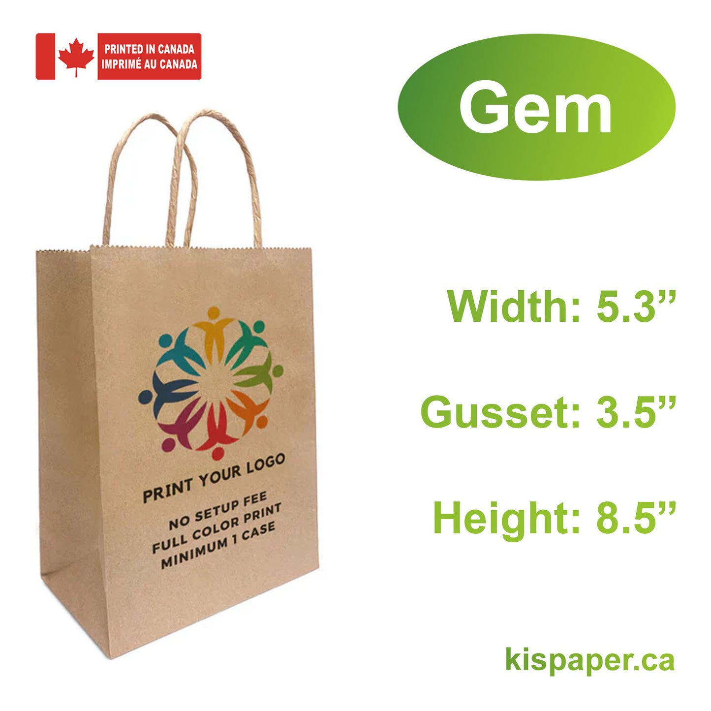 250pcs, Gem 5.3x3.5x8.5 inches Kraft Paper Bags Twist Handles; Full Color Custom Print, Printed in Canada