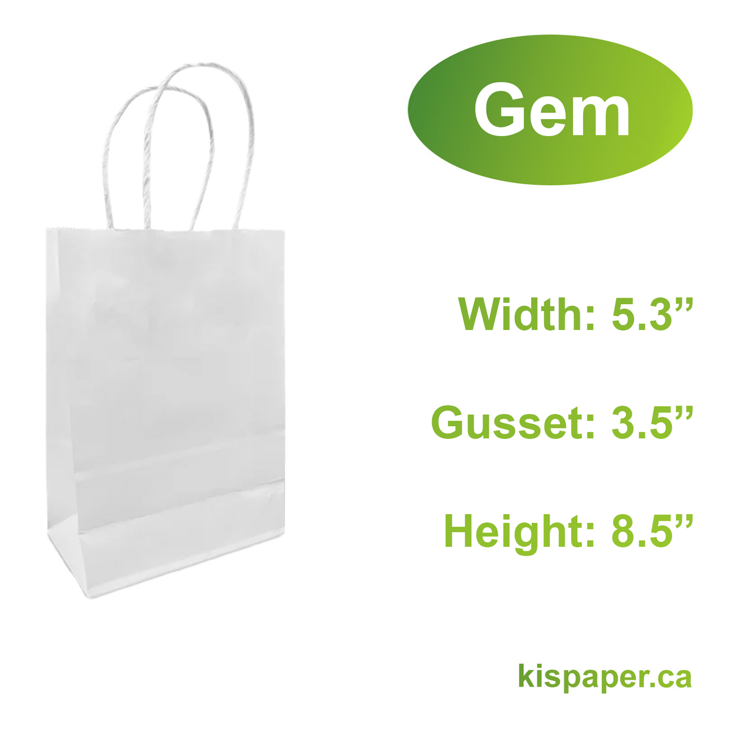 5358W | 250pcs Gem 5.3x3.5x8.5 inches White Paper Bags Twisted Handles; $0.216/pc (20% off Regular $0.27/pc), KISPAPER