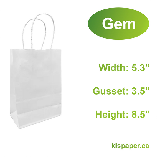 5358W | 250pcs Gem 5.3x3.5x8.5 inches White Paper Bags Twisted Handles; $0.216/pc (20% off Regular $0.27/pc), KISPAPER