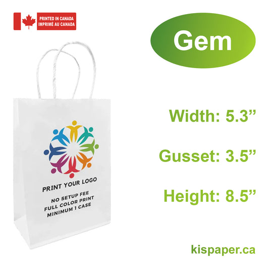 100pcs, Gem 5.3x3.5x8.5 inches White Paper Bags Twist Handles; Full Color Custom Print, Printed in Canada