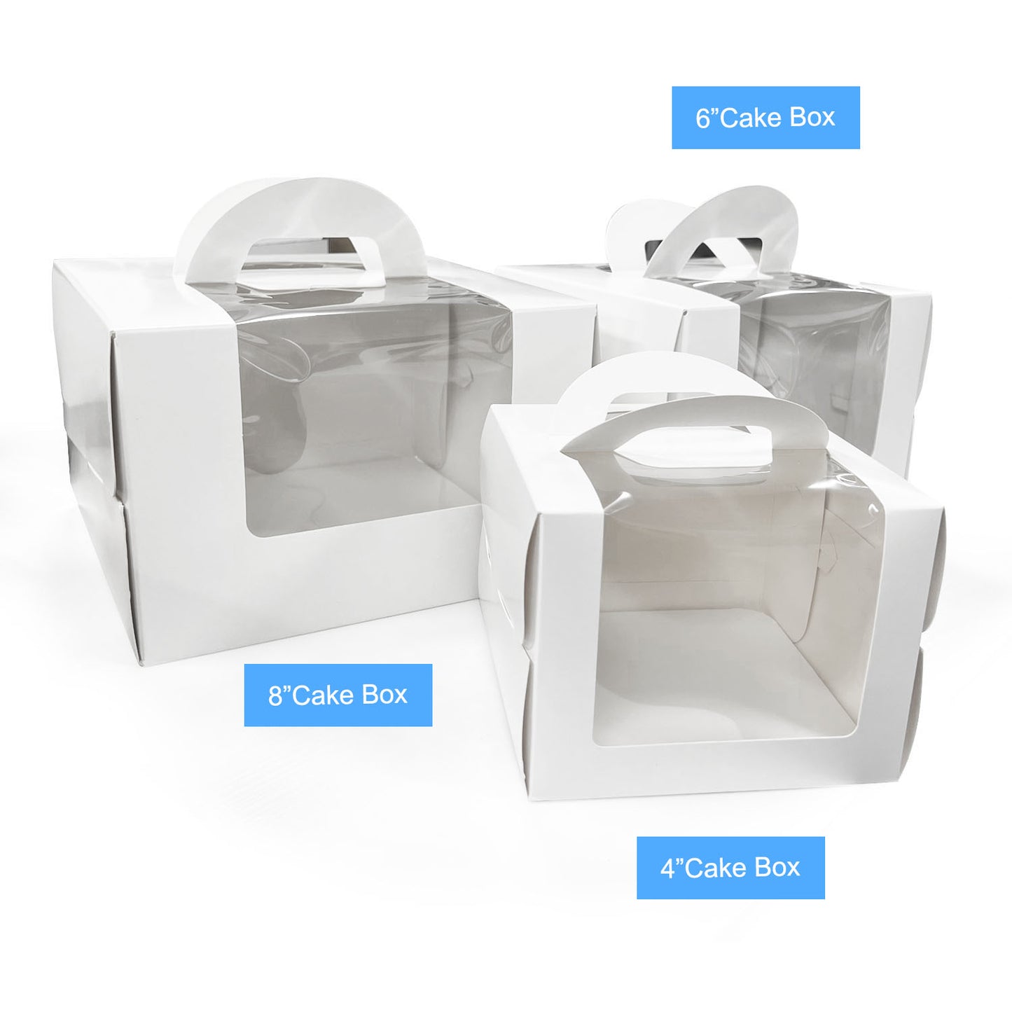 6.25" x 6.25" x 4.75" -Window Cake Boxes White with Handle Extra Cake Board -  Carton of 50 - KIS PAPER - 1281; From $1.279/pc