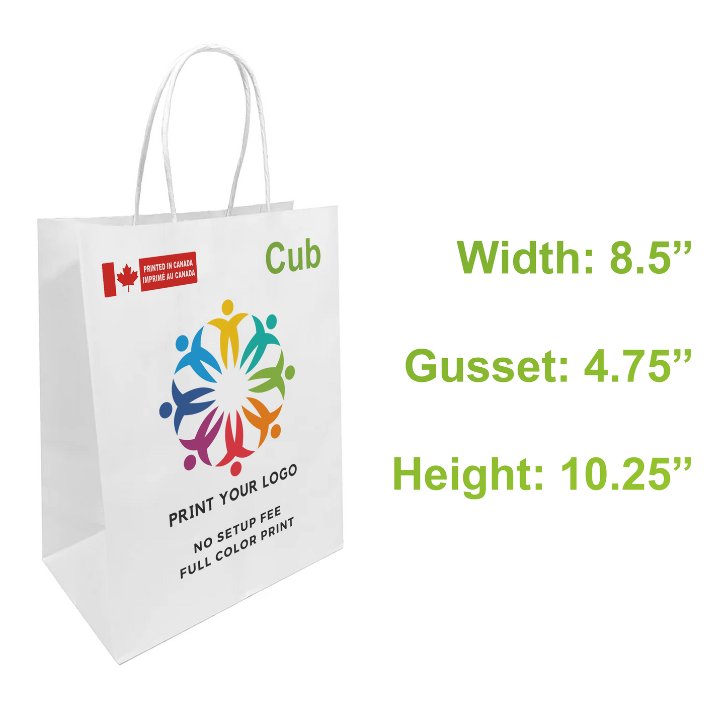 250pcs, Cub 8.5x4.75x10.25 inches White Paper Bags Twist Handles; Full Color Custom Print, Printed in Canada