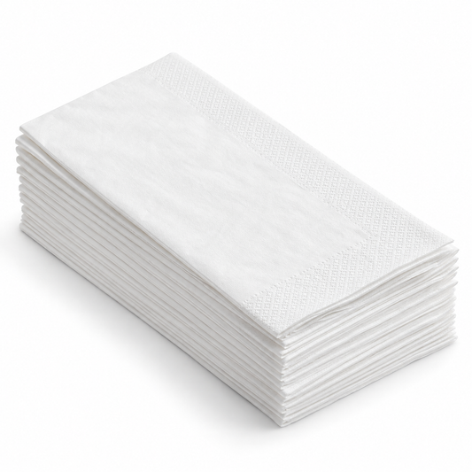 White Dinner Napkins, 15" x 16.5", 1-Ply, 1/8 Fold, 3000 pcs/case, SKU# 6873 on a white background
