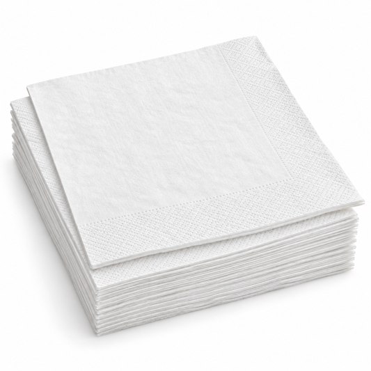 White Cocktail Napkins, 9" x 9", 2-Ply, 1/4 Fold, 3600 pcs/case, SKU# 6875 on a white background
