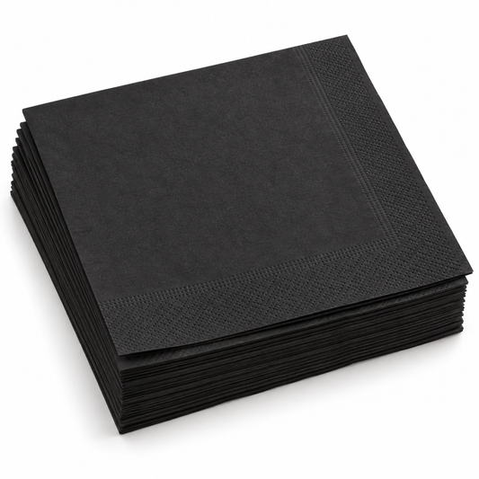 Black Cocktail Napkins, 9" x 9", 2-Ply, 1/4 Fold, 1000 pcs/case, SKU# 6876 on a white background
