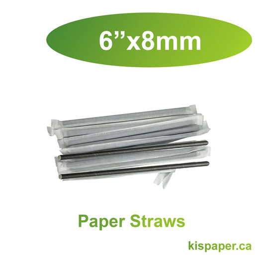 6" x 8mm D - Paper Straws Black Wrapped - Carton of 2000 - KIS PAPER - 1096; $0.027/pc