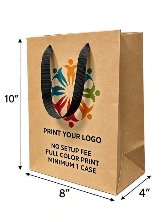 Custom Printed Euro Tote Cub Kraft Paper Bags 8.5" x  4.75" x  10.25" with Ribbon Handles - SKU #5430