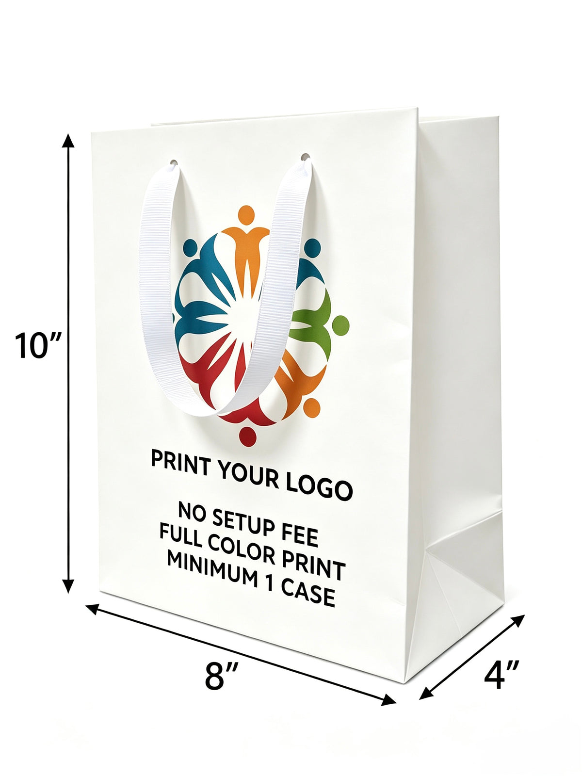 Custom Printed Euro Tote Laminated Cub White Paper Bags (8.5″ × 4.75″ × 10.25″) with Ribbon Handles - SKU 6834