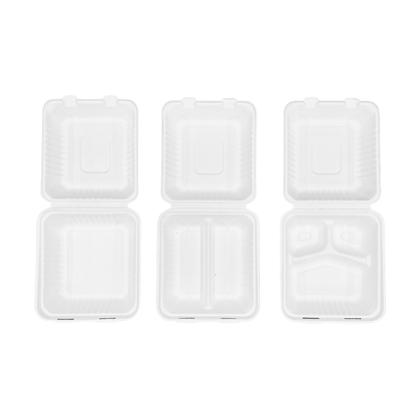 200 Pcs, 8x8x3'', 3-Compartment, Sugarcane Clamshell Food Container