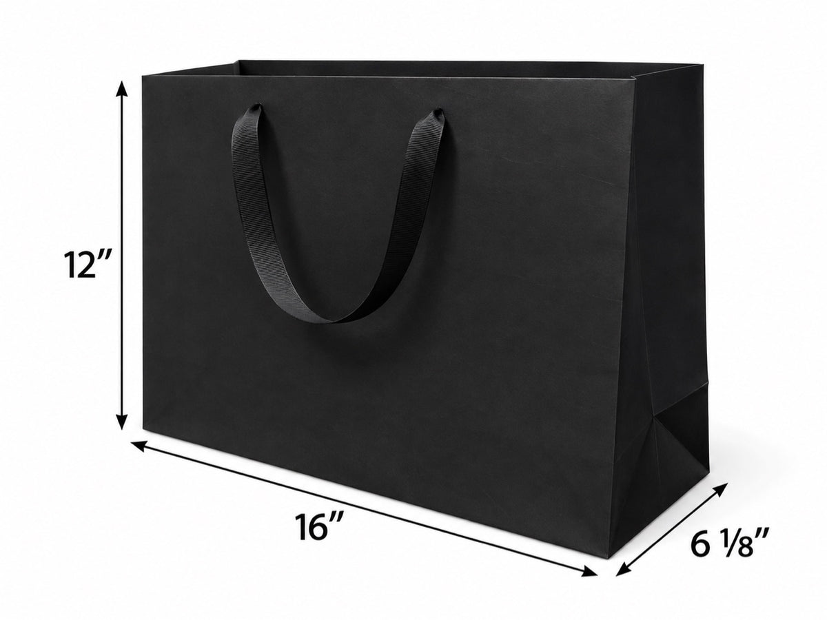 Euro Tote Laminated Black Paper Shopping Bag 16"x6"x12" with Black Grosgrain Ribbon Handles, 150 pcs/Case – SKU#6126