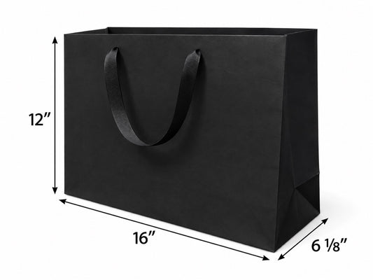 Euro Tote Laminated Black Paper Shopping Bag 16"x6"x12" with Black Grosgrain Ribbon Handles, 150 pcs/Case – SKU#6126