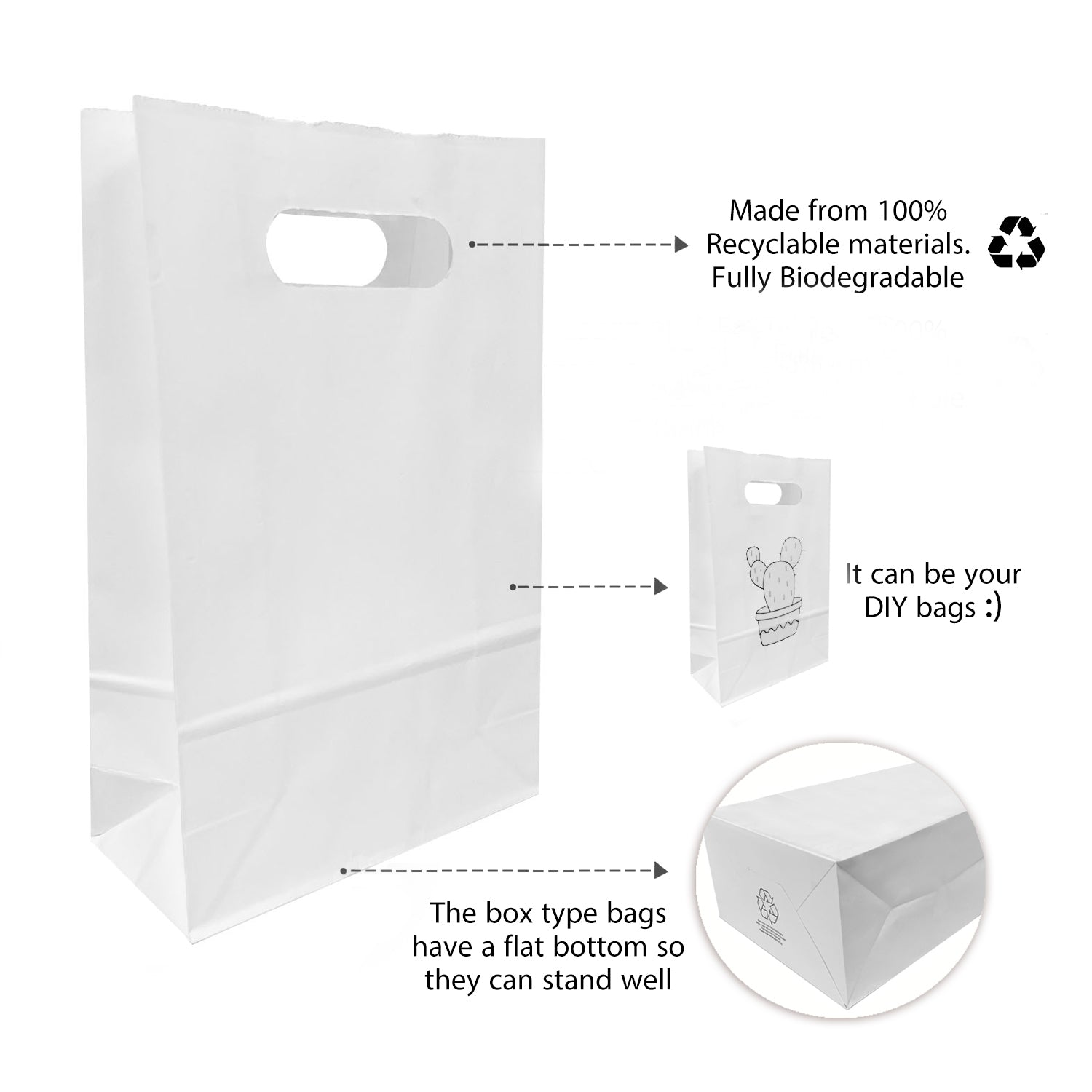 250pcs, Snack, 7 1/8x3 1/4x10 3/4 inches, White Paper Bags, with Die Cut Handles