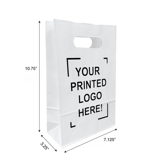 250pcs, Snack, 7 1/8x3 1/4x10 3/4 inches, White Paper Bags, with Die Cut Handles, Custom Print in Canada