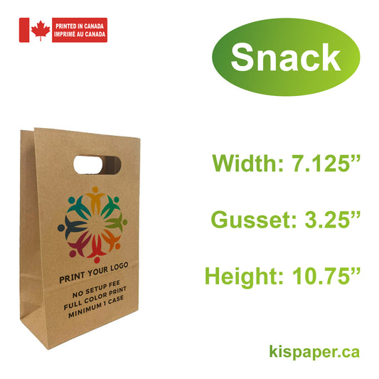 250pcs Snack 7.125x3.25x10.75 inches Kraft Paper Bags Die Cut Handles; Full Color Custom Print, Printed in Canda