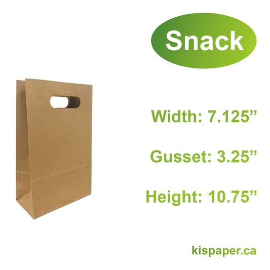 7030DB | 250pcs Snack 7.125x3.25x10.75 inches Kraft Paper Bags Die Cut Handles, $0.28/Pc