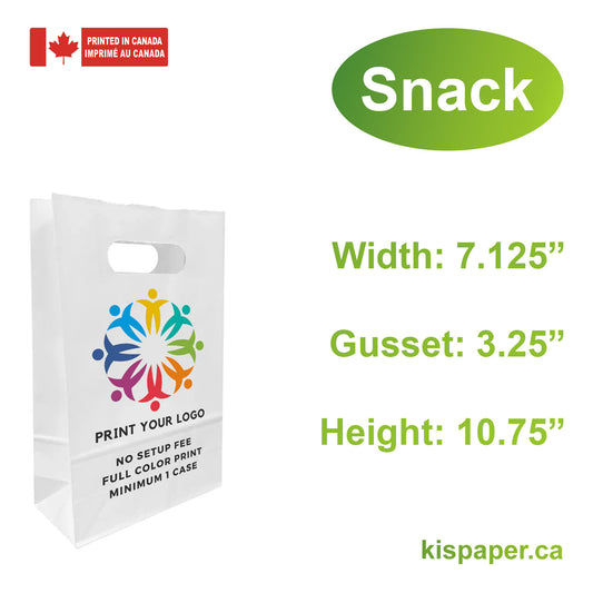 250pcs Snack 7.125x3.25x10.75 inches White Paper Bags Die Cut Handles; Full Color Custom Print, Printed in Canda