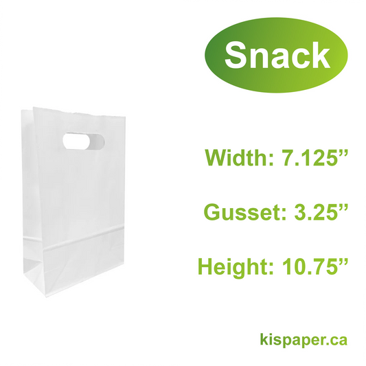 7030DW | 250pcs Snack 7.125x3.25x10.75 inches White Paper Bags Die Cut Handles, $0.29/Pc