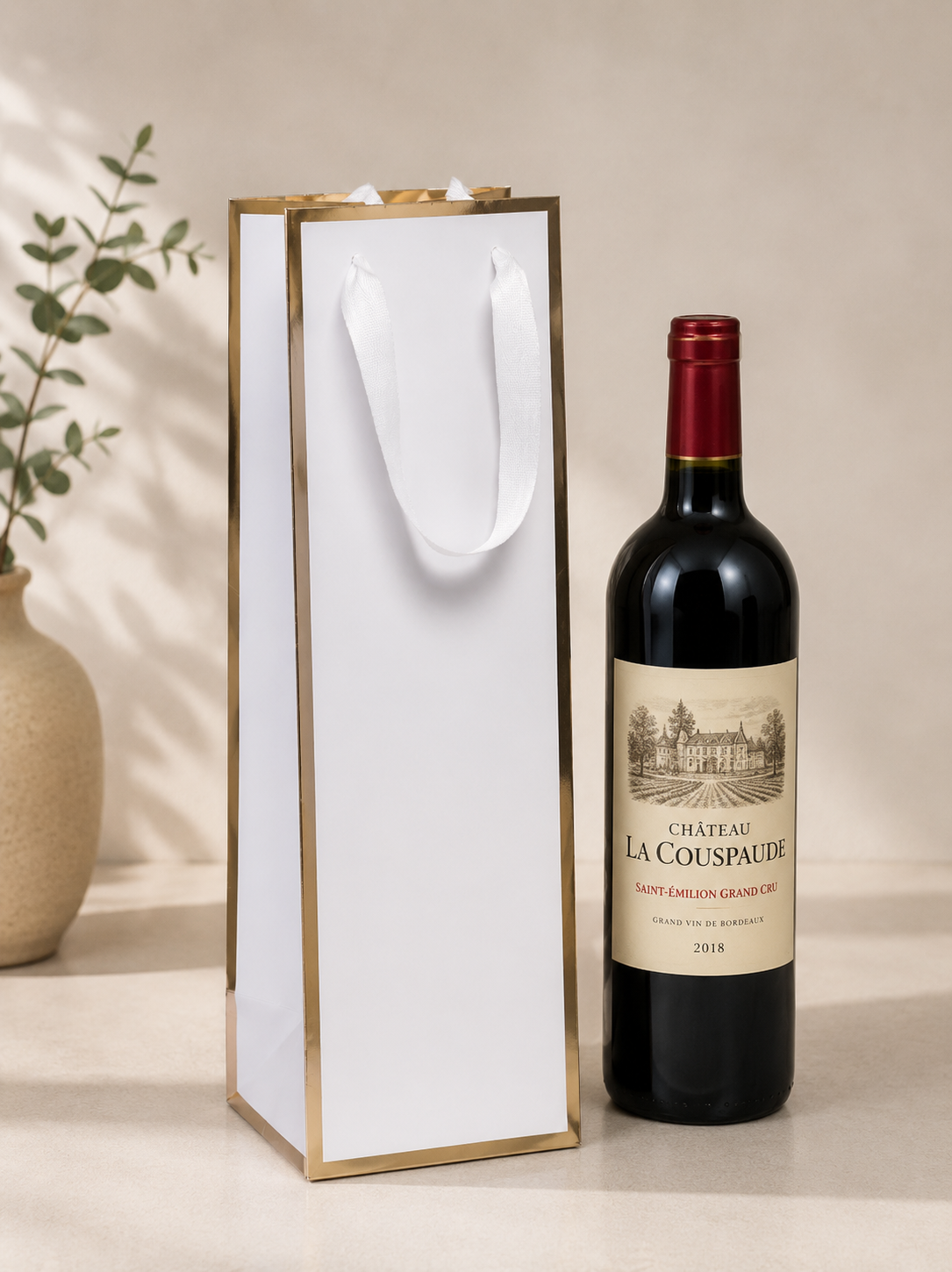 White Queen West Wine Bags Gold Foil Edge 4.5 x 4.5 x 15 inches with Twill Ribbon Handles