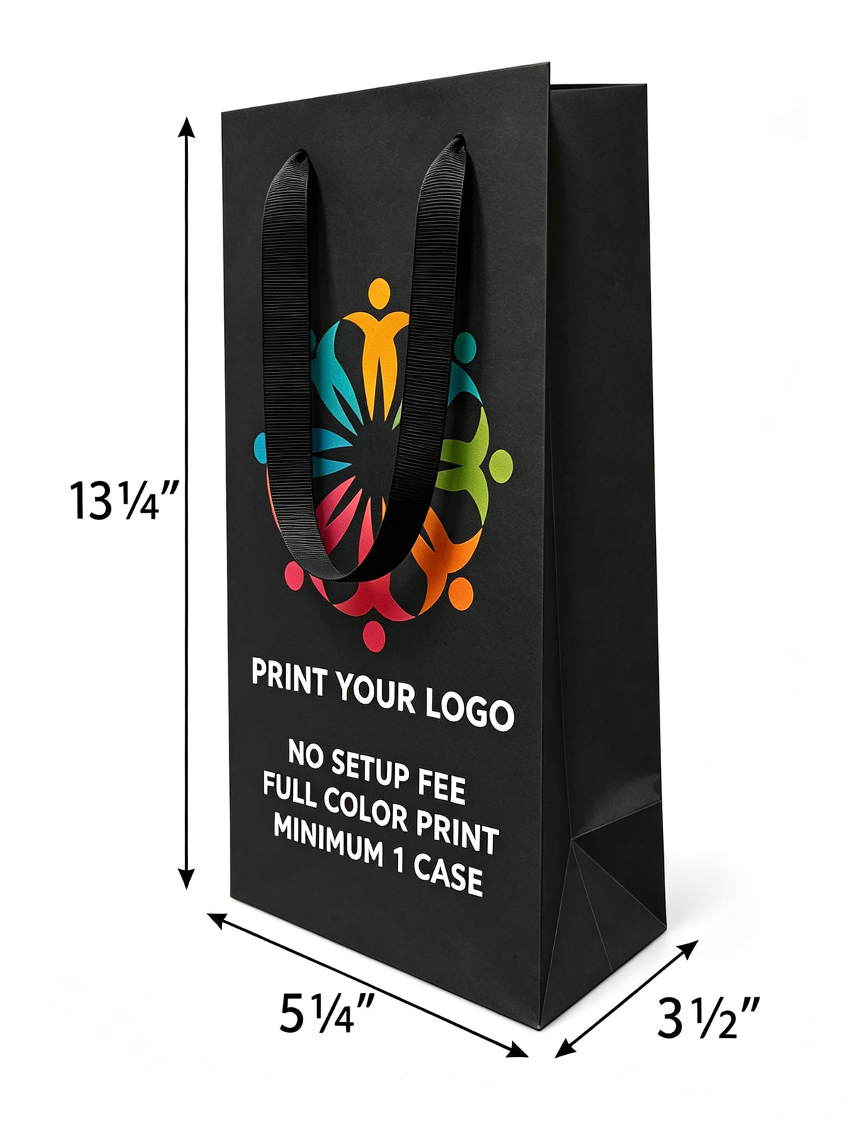 Custom Printed Euro Tote Laminated Wine Black Paper Bags (5″ × 3.5″ × 13.25″) with Ribbon Handles - SKU #6265
