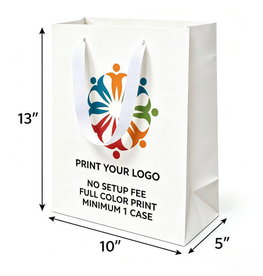 Custom Printed Euro Tote Debbie White Paper Bags (10″ × 5″ × 13″) with Ribbon Handles - SKU #5311