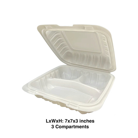 KIS-PP703G | 7.5x7.5x2.5 inches, 3-Compartment, PP Clamshell Food Container; $0.219/pc