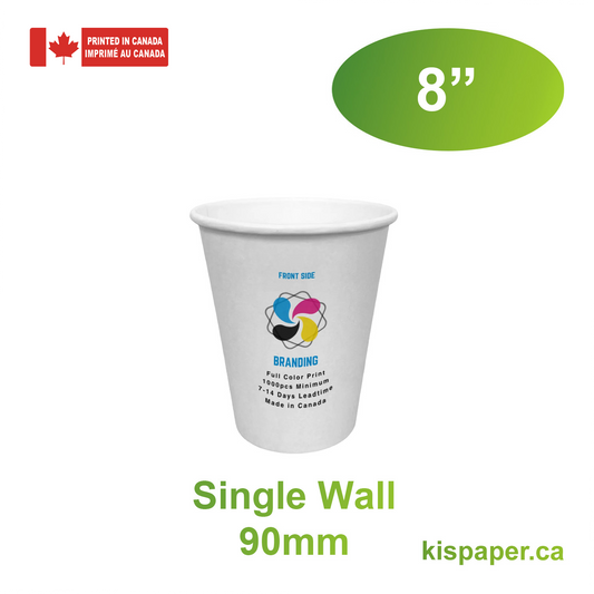 1000pcs 8oz, 237ml Single Wall White Paper Hot Cups with 90mm Opening; Full Color Custom Print, Printed in Canada