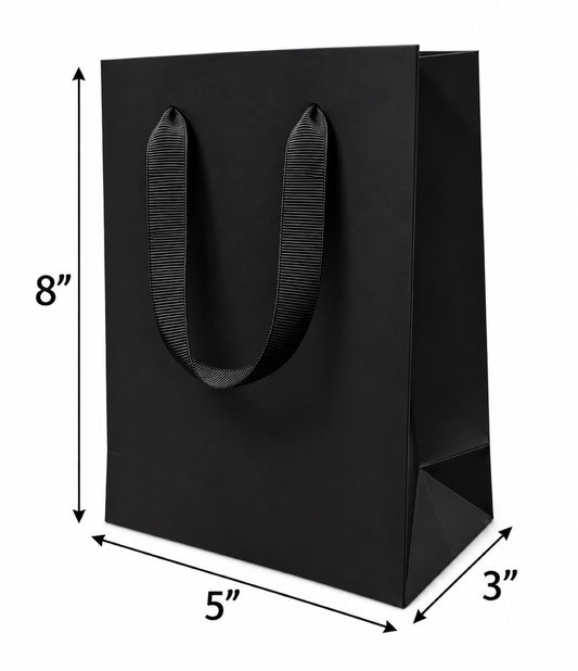 Euro Tote Laminated Black Paper Shopping Bag 5"x3"x8" with Black Grosgrain Ribbon Handles, 150 pcs/Case – SKU#6120
