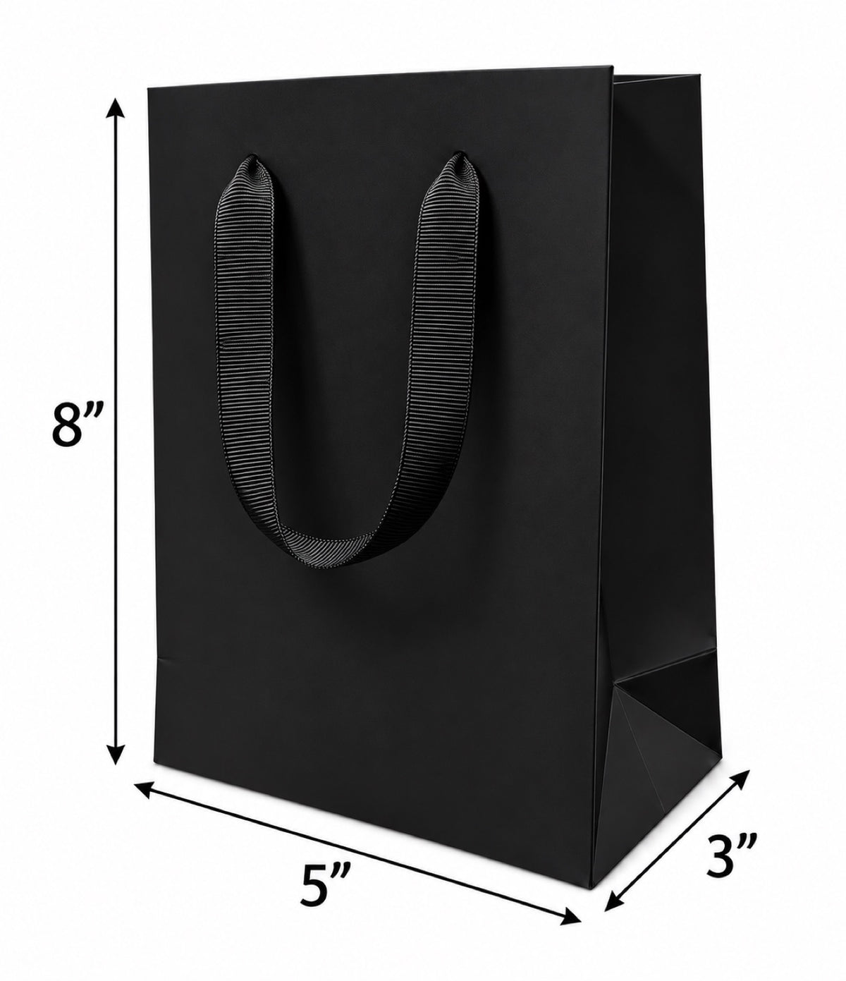 Euro Tote Laminated Black Paper Shopping Bag 5"x3"x8" with Black Grosgrain Ribbon Handles, 150 pcs/Case – SKU#6120